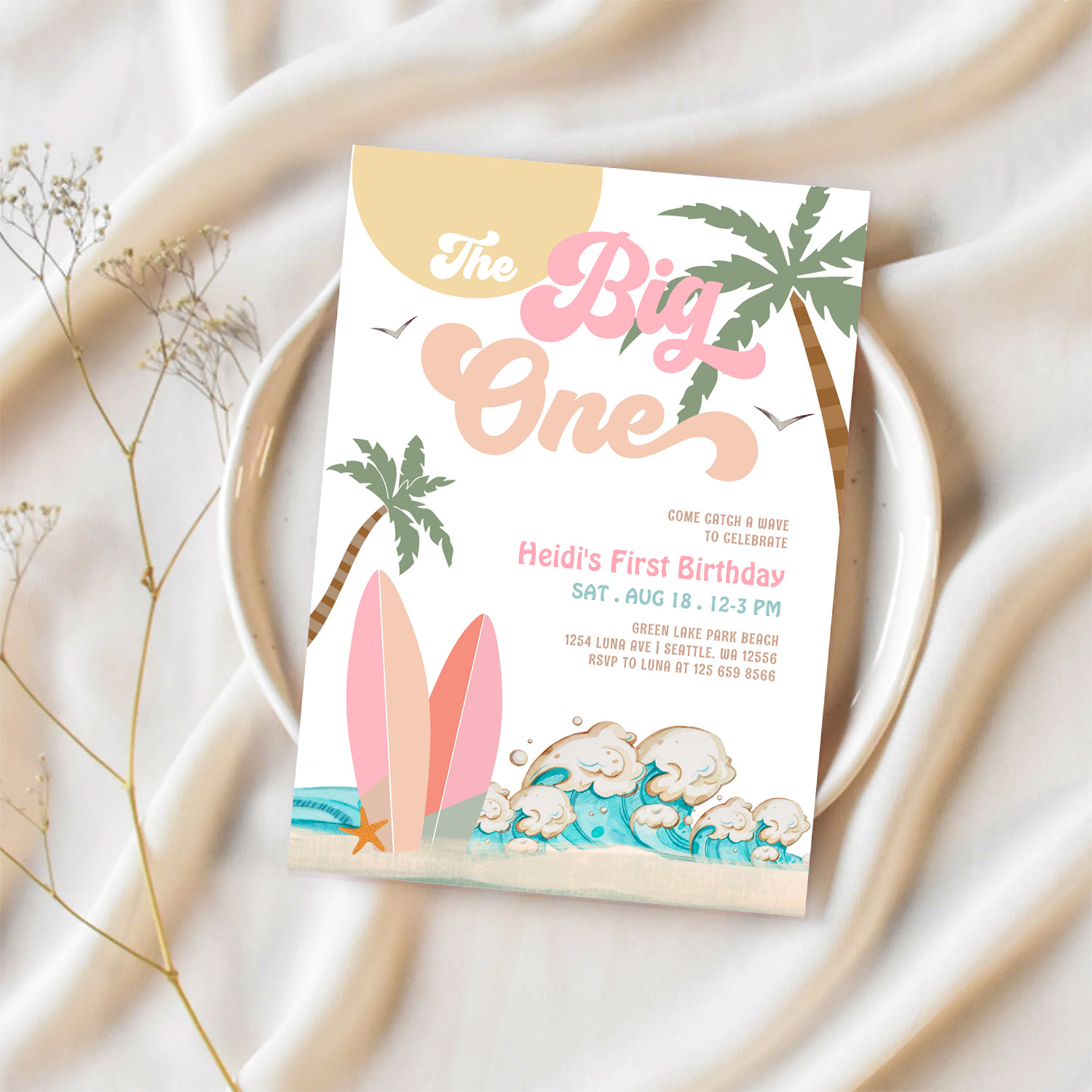 Pink Peach Girl The Big One Surfing 1st Birthday Invitation - Image 2