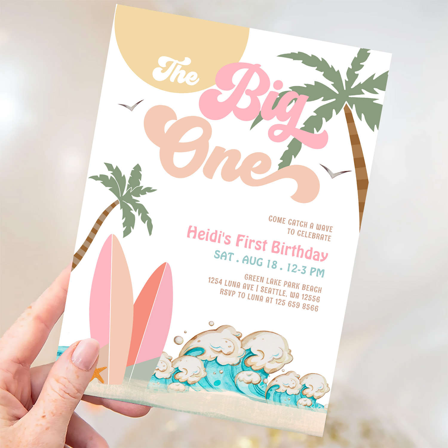 Pink Peach Girl The Big One Surfing 1st Birthday Invitation - Image 3