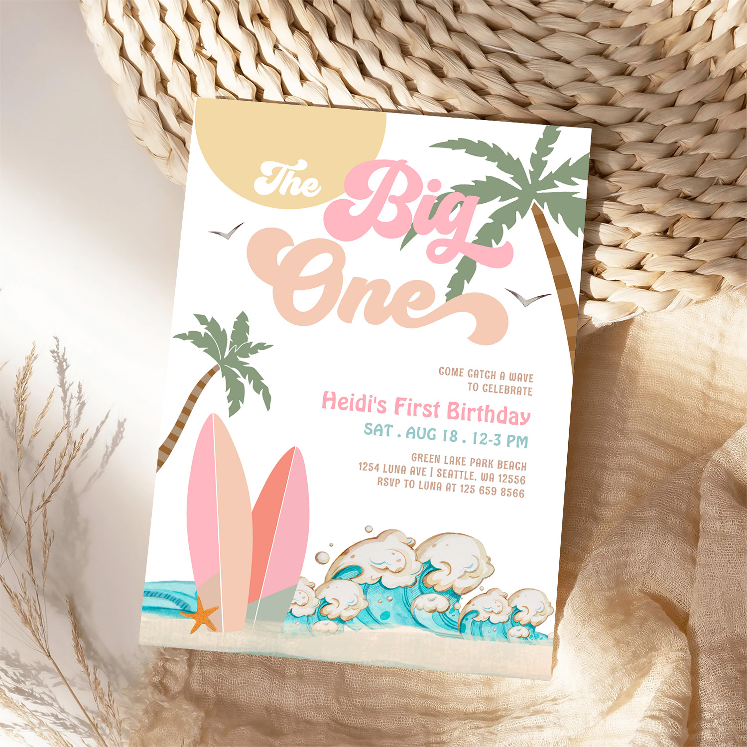 Pink Peach Girl The Big One Surfing 1st Birthday Invitation - Image 4
