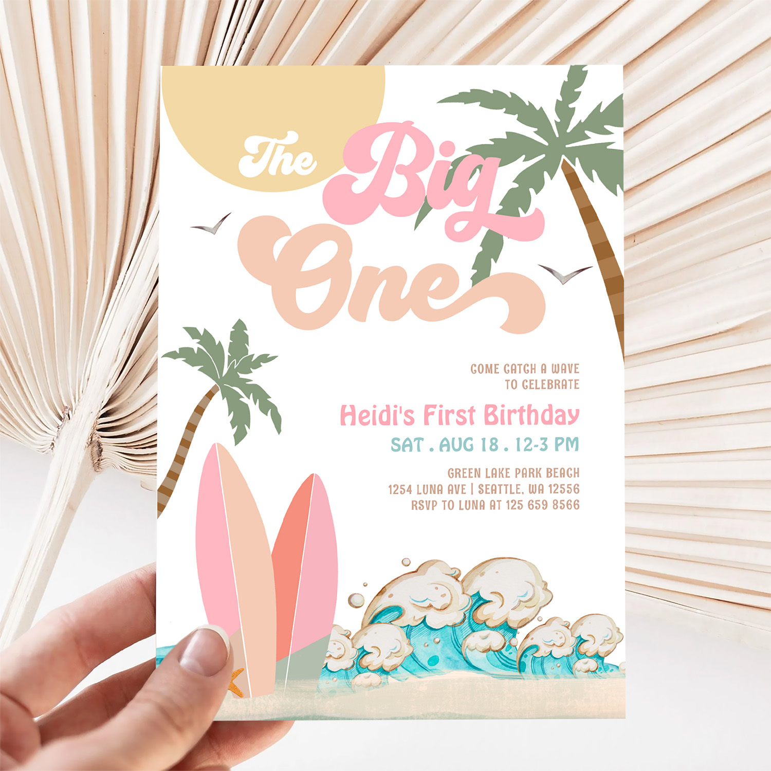 Pink Peach Girl The Big One Surfing 1st Birthday Invitation - Image 5