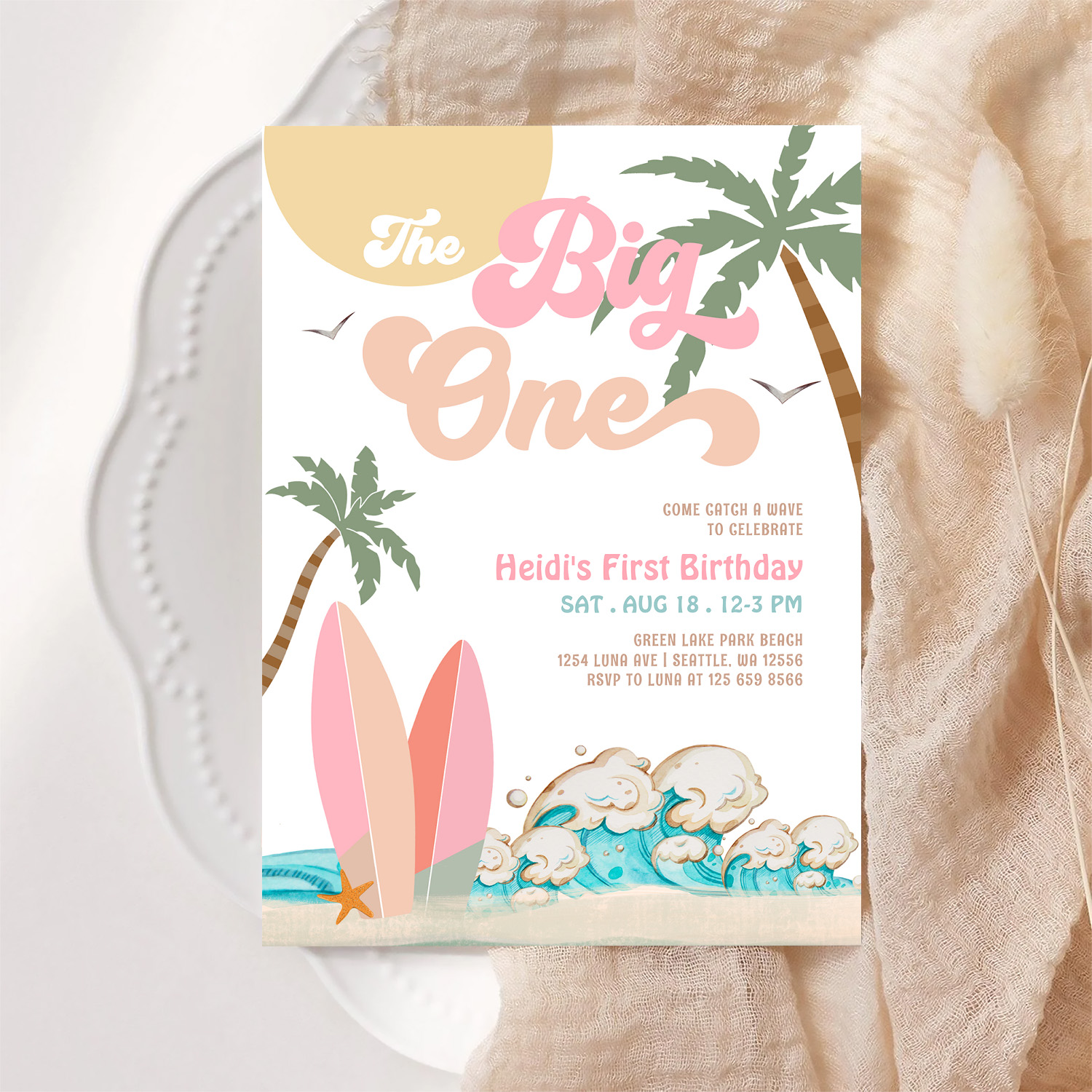 Pink Peach Girl The Big One Surfing 1st Birthday Invitation - Image 6