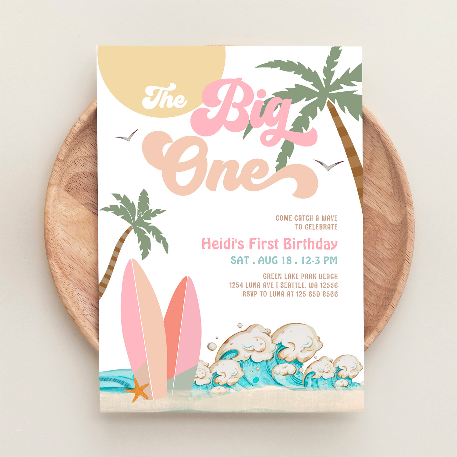 Pink Peach Girl The Big One Surfing 1st Birthday Invitation - Image 7