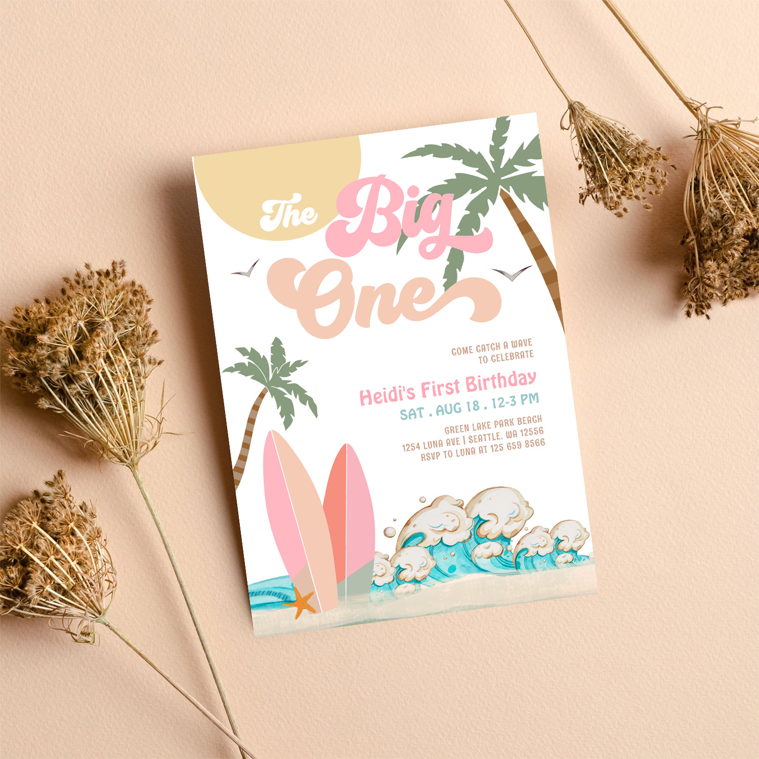 Pink Peach Girl The Big One Surfing 1st Birthday Invitation - Image 8