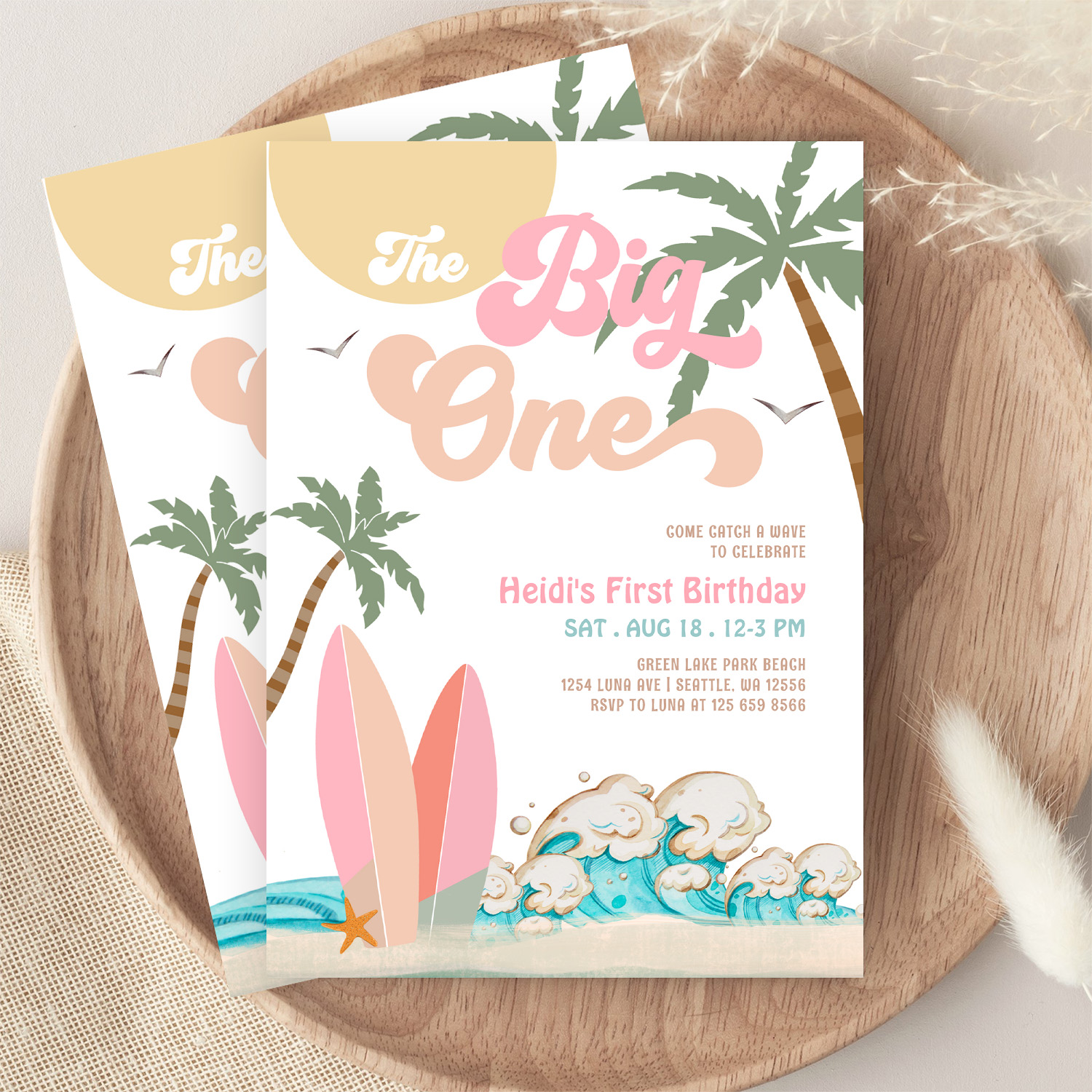 Pink Peach Girl The Big One Surfing 1st Birthday Invitation - Image 9