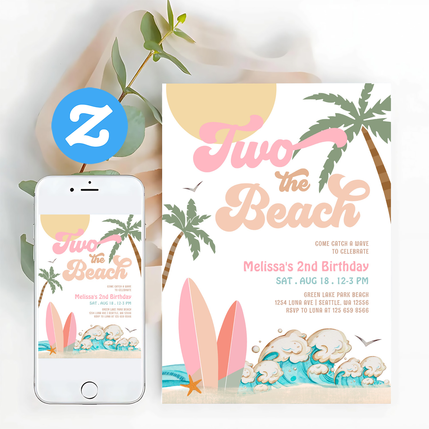 Pink Peach Girl Two The Beach Surfing 2nd Birthday Invitation