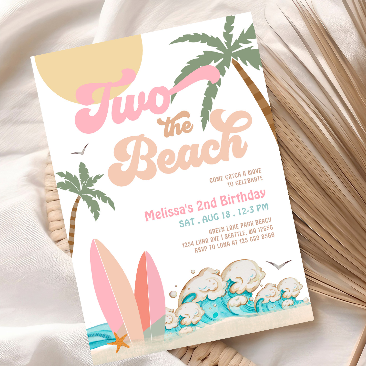 Pink Peach Girl Two The Beach Surfing 2nd Birthday Invitation - Image 10