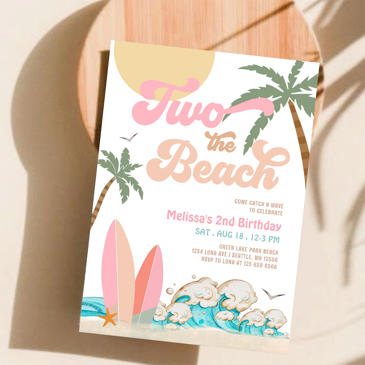 Pink Peach Girl Two The Beach Surfing 2nd Birthday Invitation - Image 11