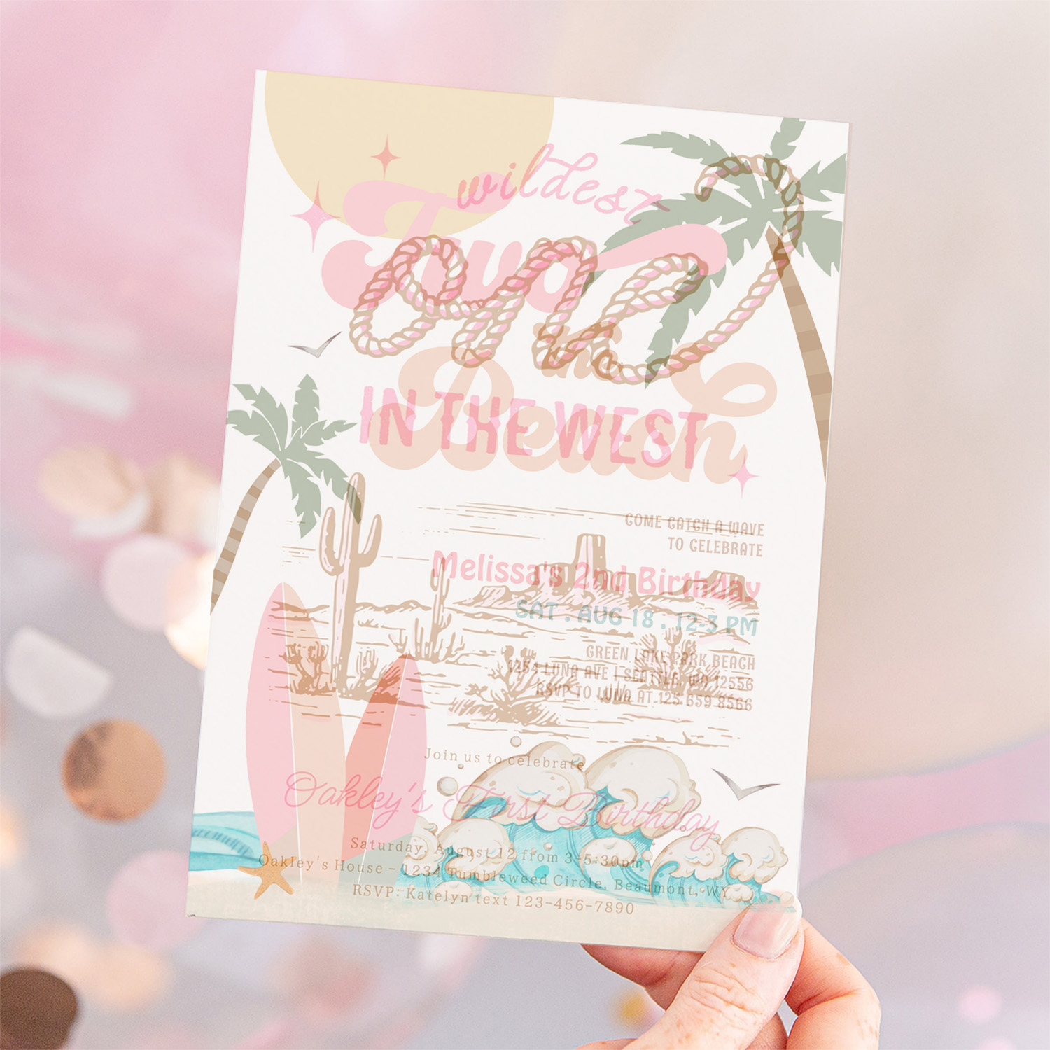 Pink Peach Girl Two The Beach Surfing 2nd Birthday Invitation - Image 12