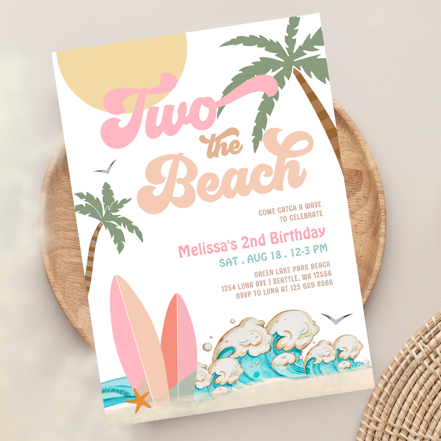 Pink Peach Girl Two The Beach Surfing 2nd Birthday Invitation - Image 13