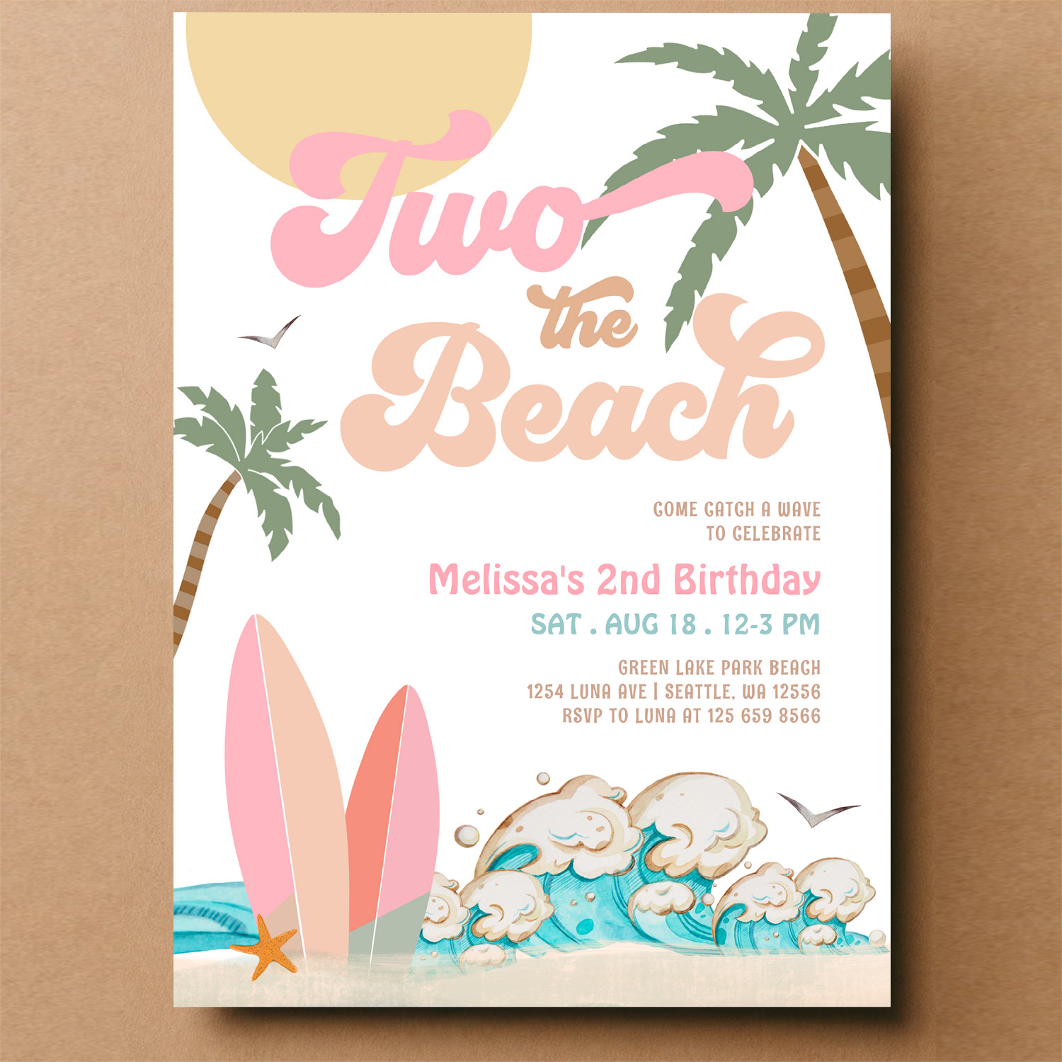 Pink Peach Girl Two The Beach Surfing 2nd Birthday Invitation - Image 14