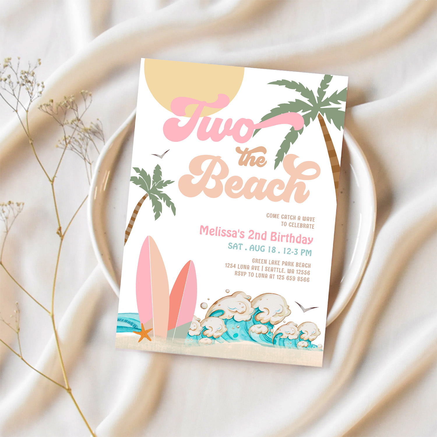 Pink Peach Girl Two The Beach Surfing 2nd Birthday Invitation - Image 2