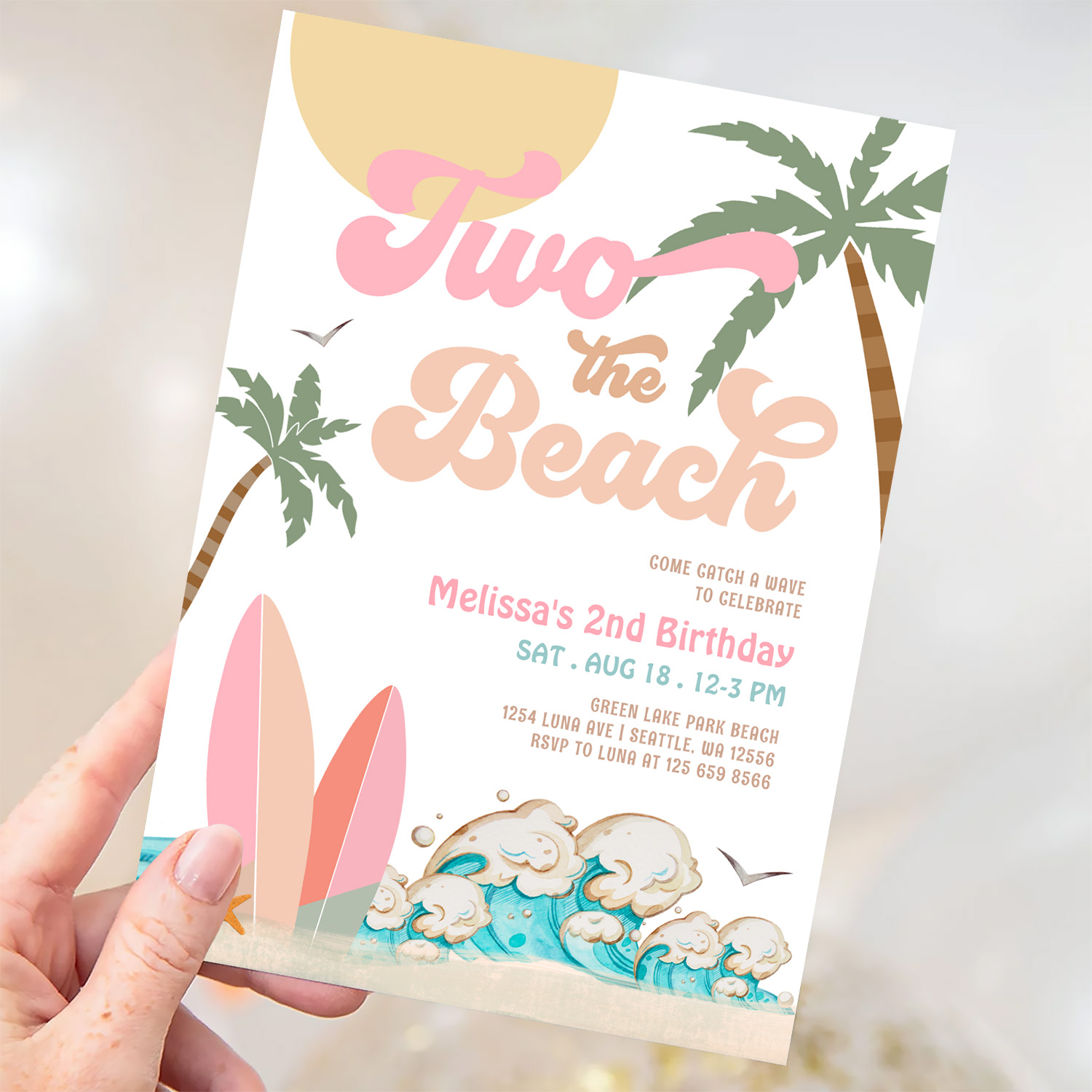Pink Peach Girl Two The Beach Surfing 2nd Birthday Invitation - Image 3