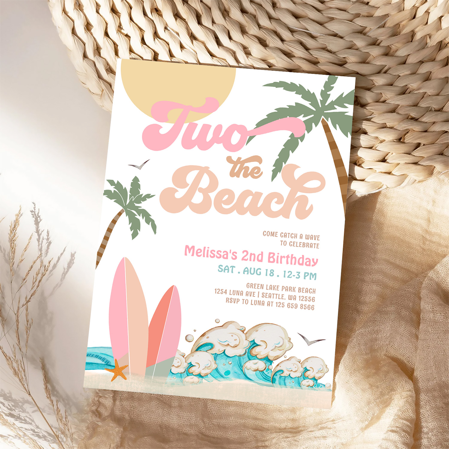 Pink Peach Girl Two The Beach Surfing 2nd Birthday Invitation - Image 4