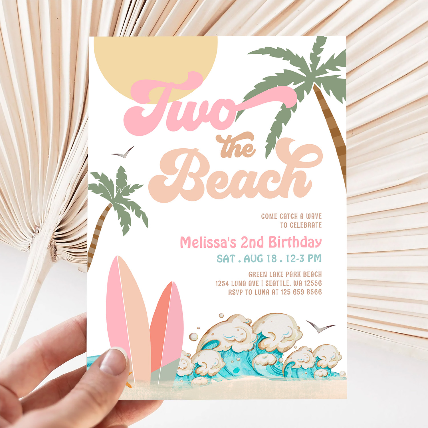 Pink Peach Girl Two The Beach Surfing 2nd Birthday Invitation - Image 5