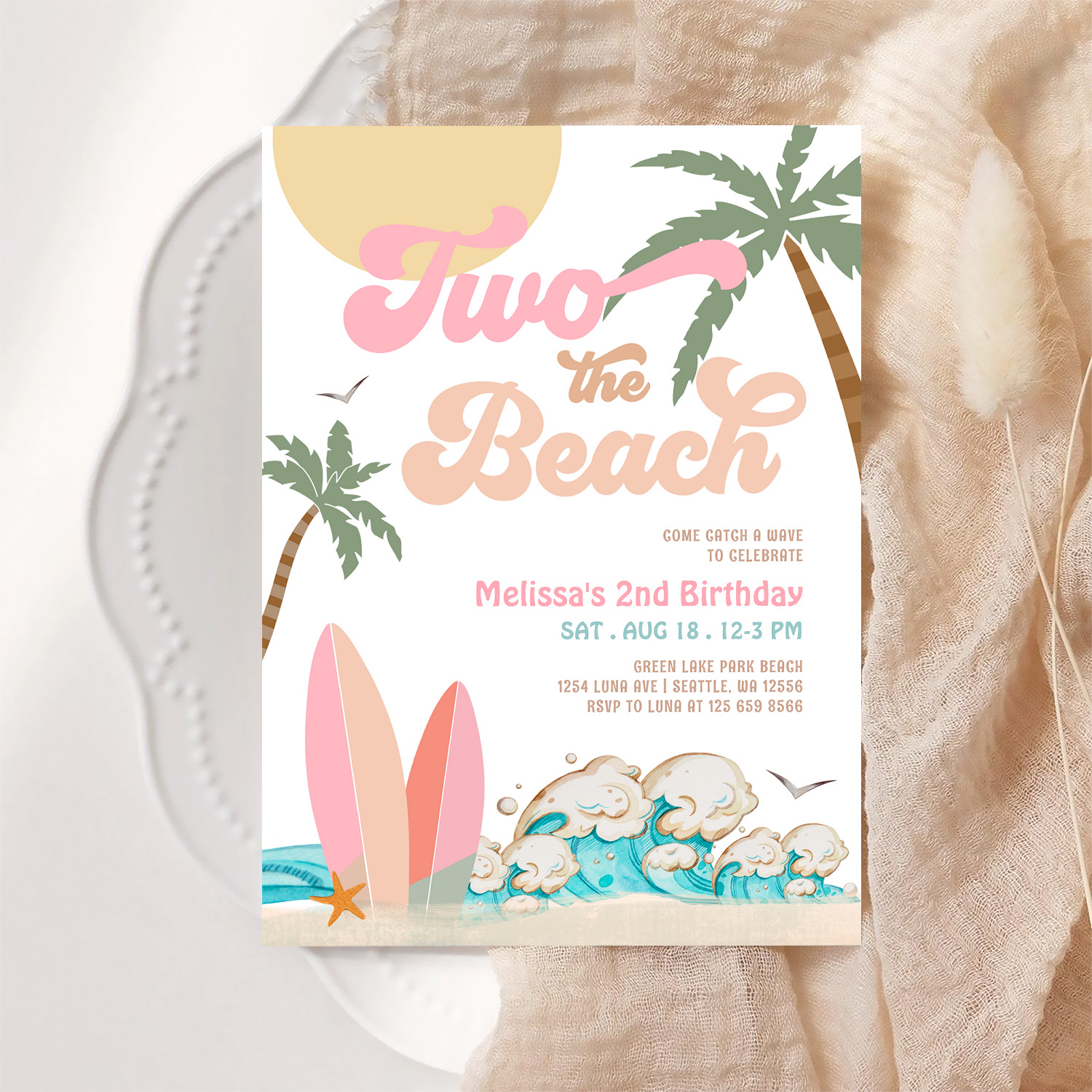 Pink Peach Girl Two The Beach Surfing 2nd Birthday Invitation - Image 6
