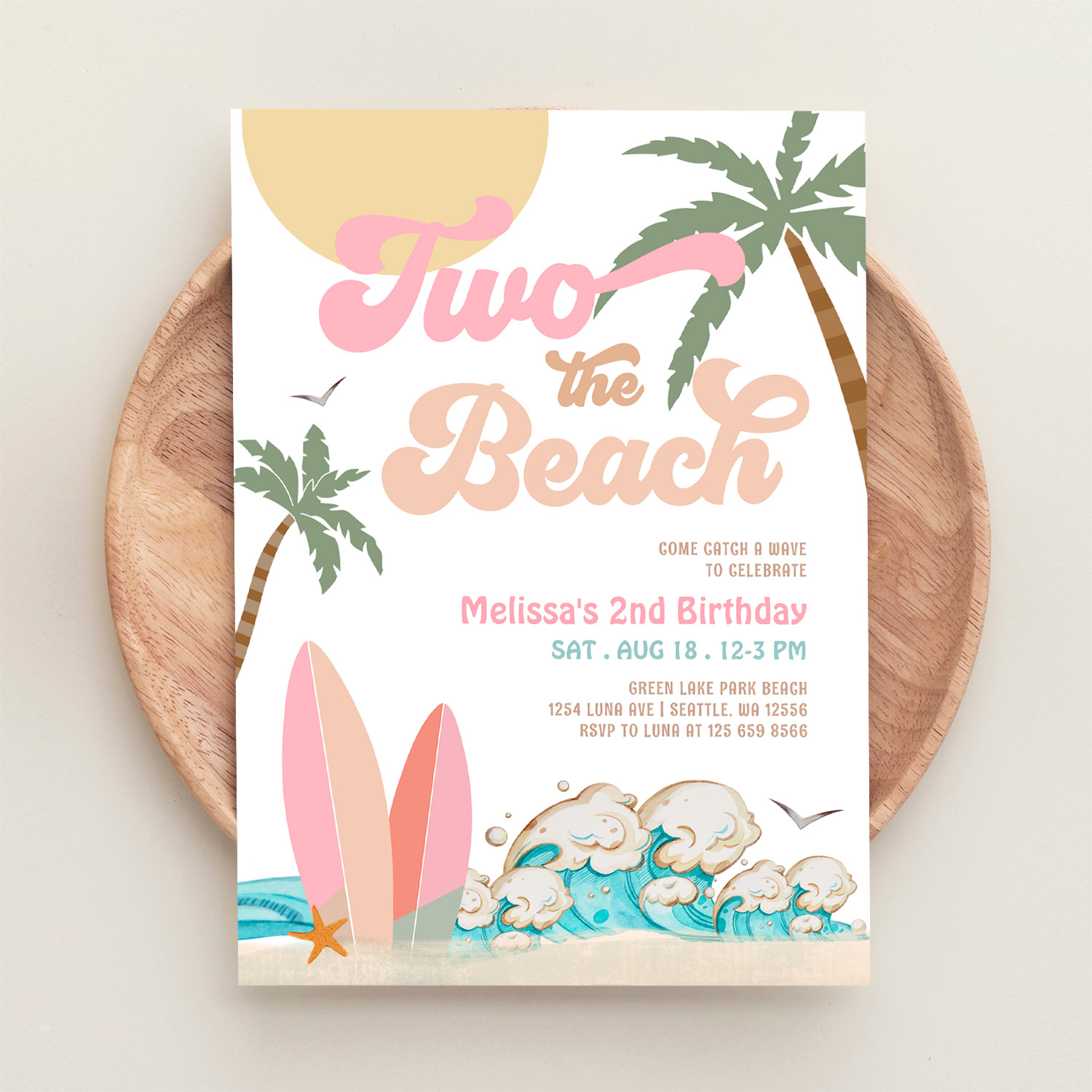 Pink Peach Girl Two The Beach Surfing 2nd Birthday Invitation - Image 7