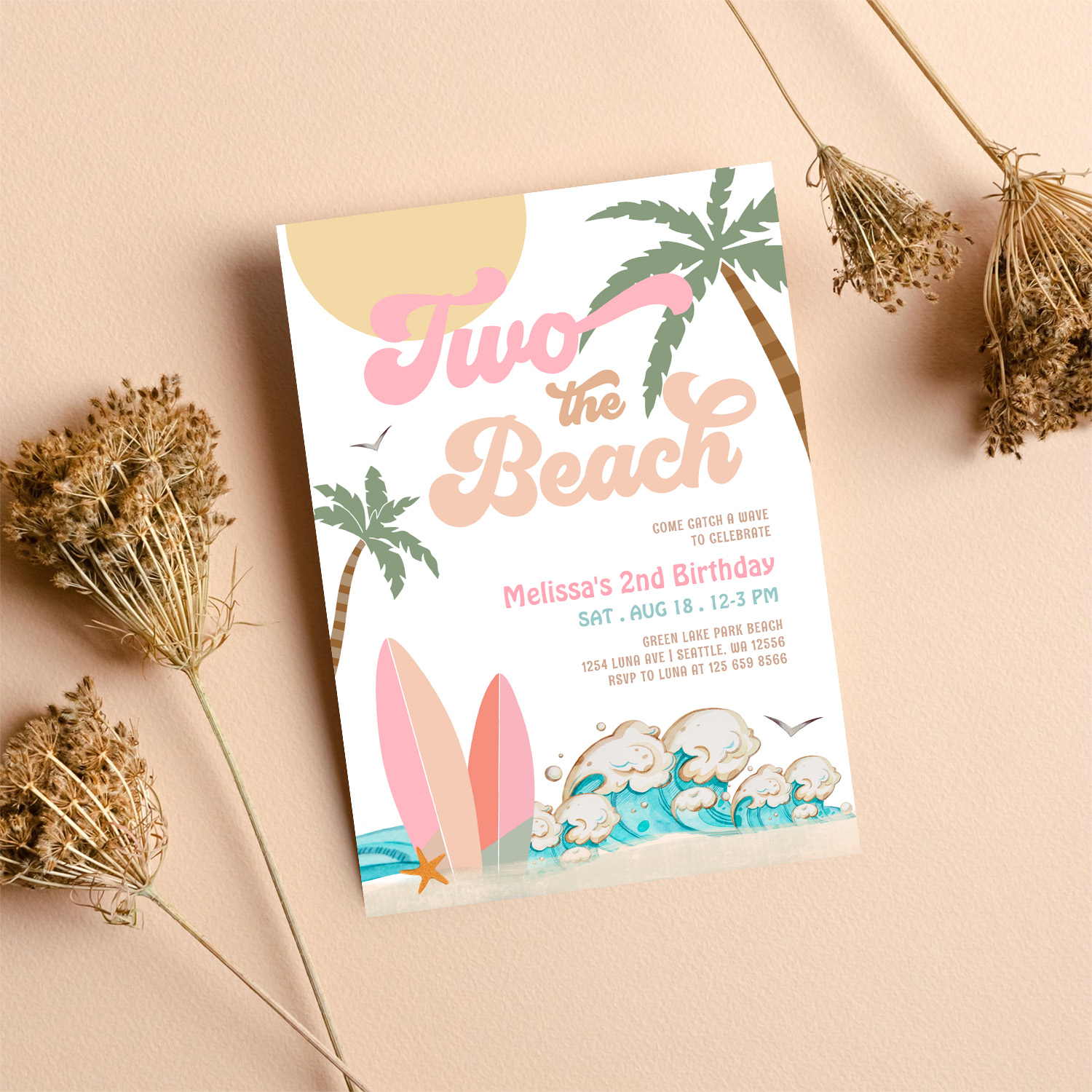 Pink Peach Girl Two The Beach Surfing 2nd Birthday Invitation - Image 8