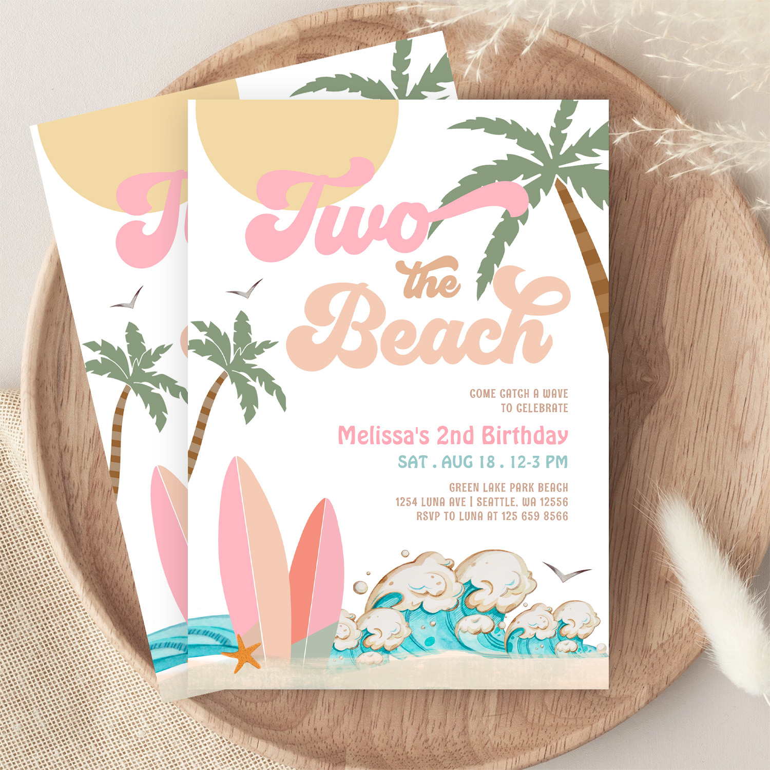 Pink Peach Girl Two The Beach Surfing 2nd Birthday Invitation - Image 9