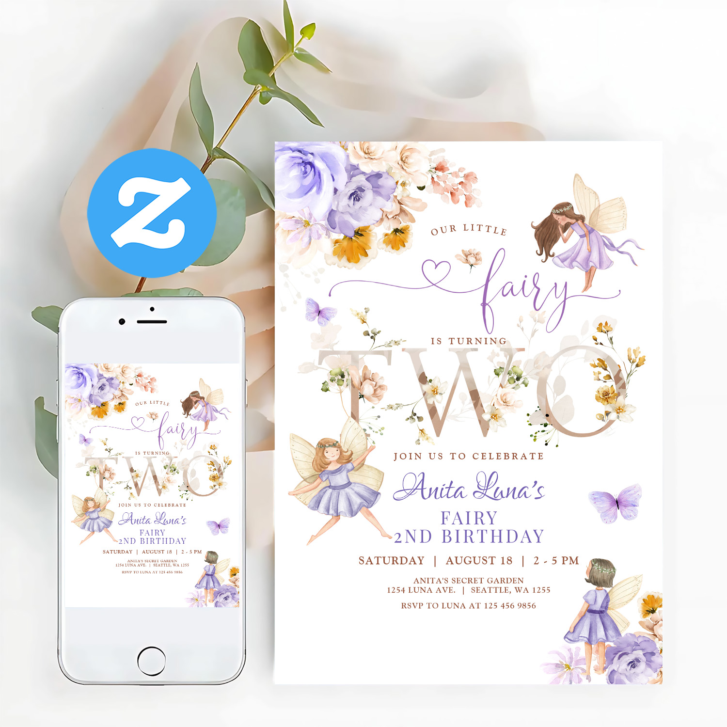 Purple Fairy Butterfly Magical Floral 2nd Birthday Invitation