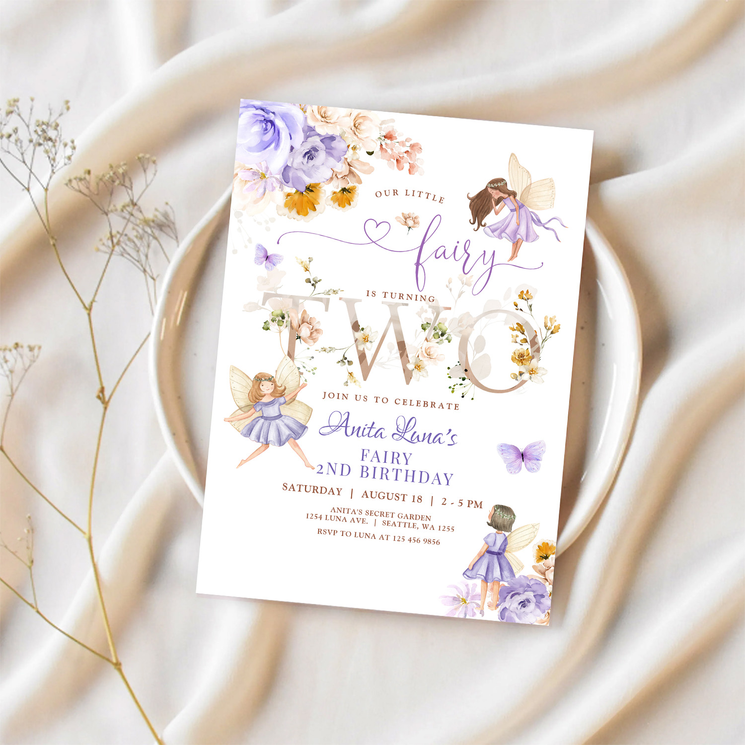 Purple Fairy Butterfly Magical Floral 2nd Birthday Invitation - Image 2