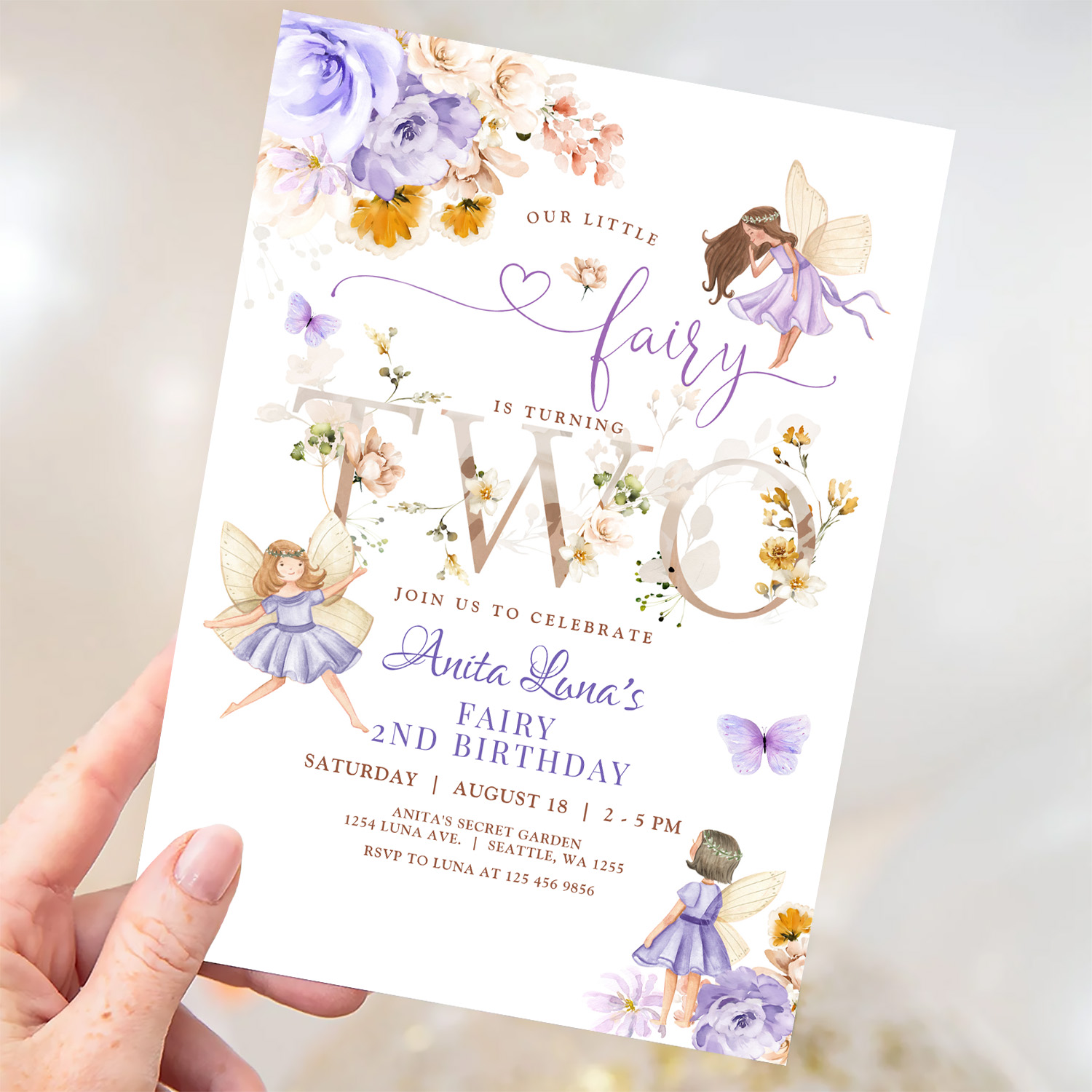 Purple Fairy Butterfly Magical Floral 2nd Birthday Invitation - Image 3