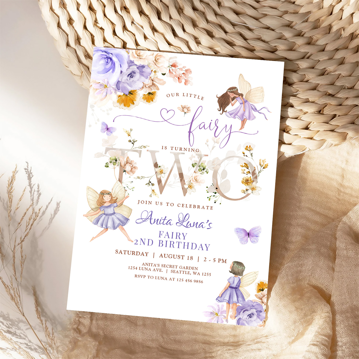 Purple Fairy Butterfly Magical Floral 2nd Birthday Invitation - Image 4