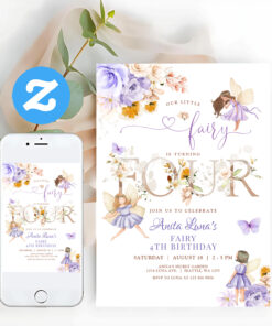 Purple Fairy Butterfly Magical Floral 4th Birthday Invitation