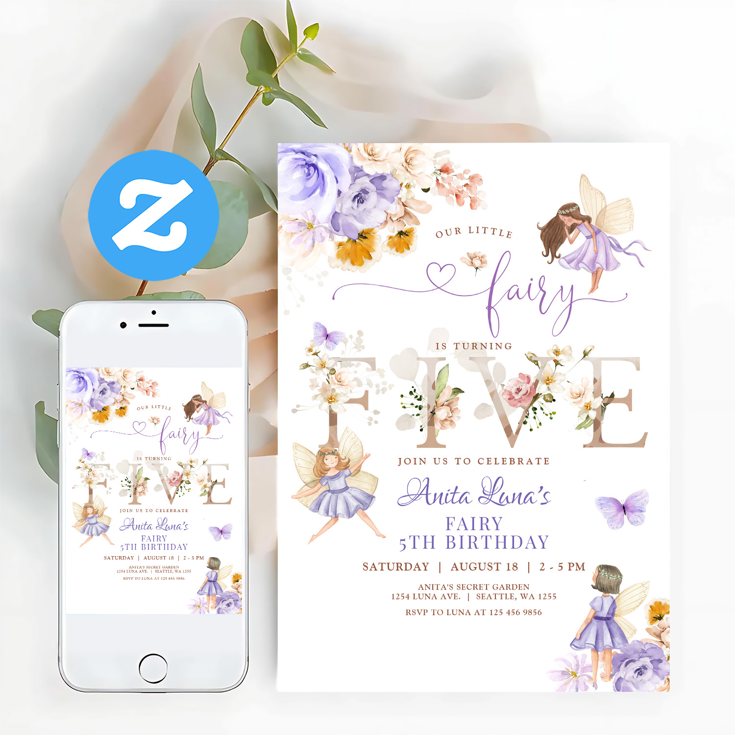 Purple Fairy Butterfly Magical Floral 5th Birthday Invitation