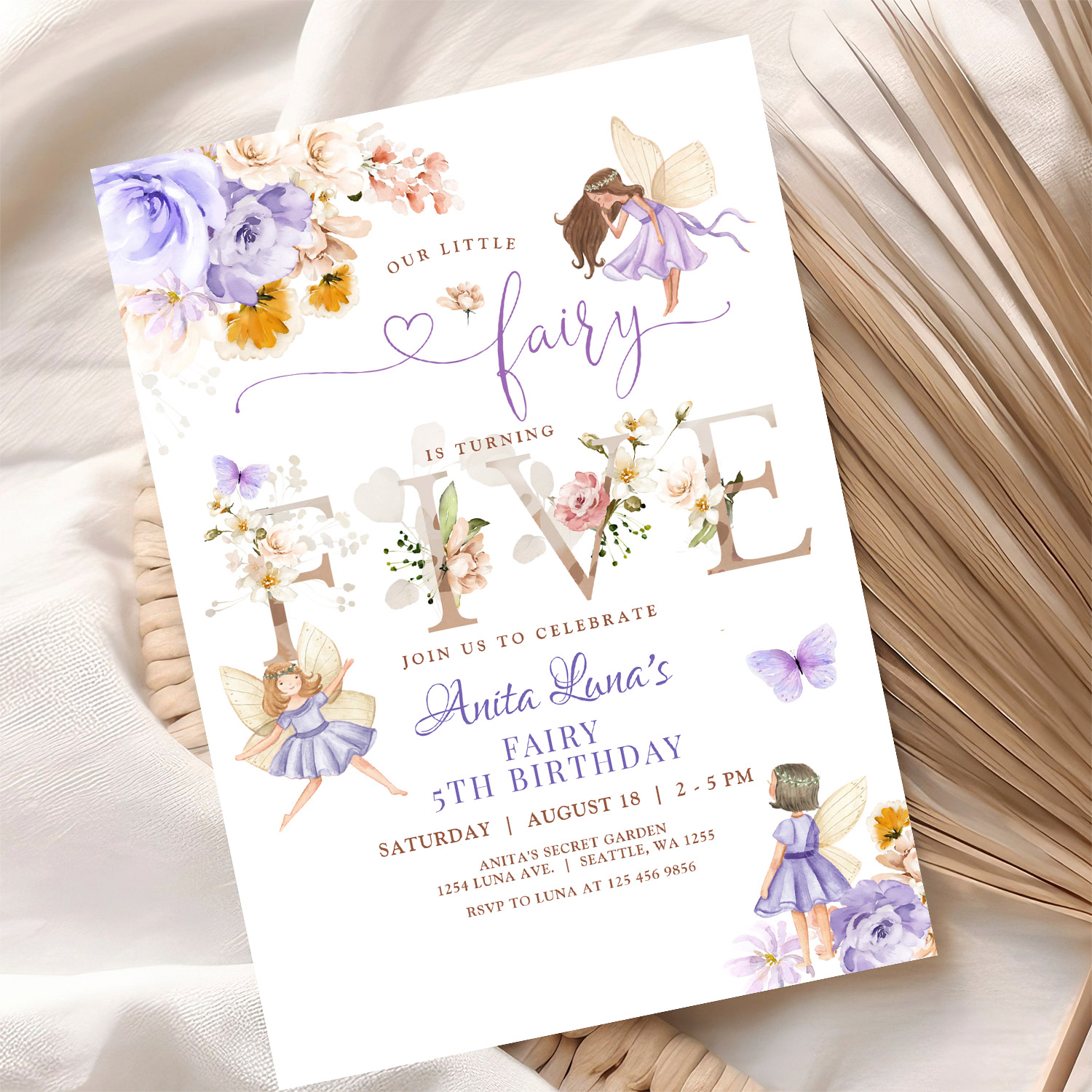 Purple Fairy Butterfly Magical Floral 5th Birthday Invitation - Image 10