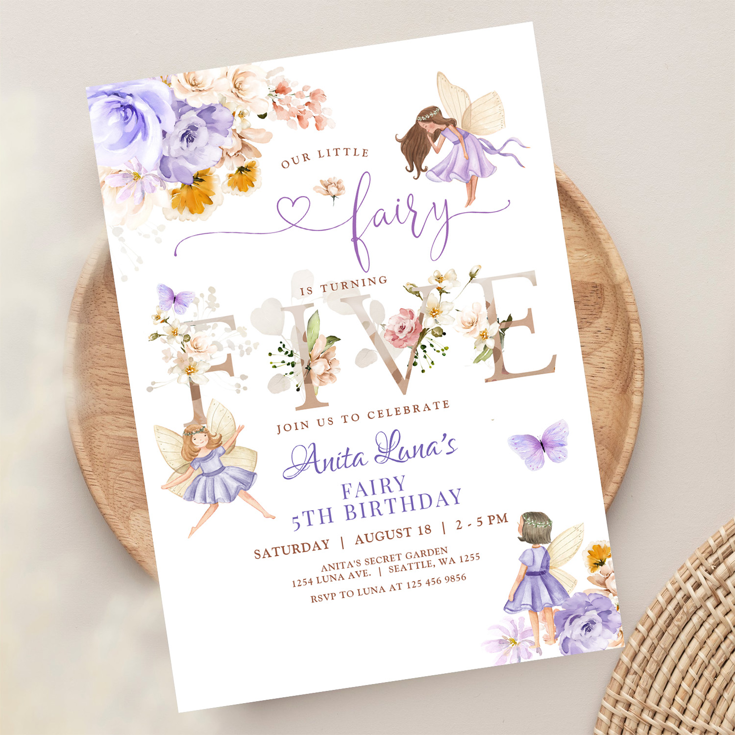 Purple Fairy Butterfly Magical Floral 5th Birthday Invitation - Image 13