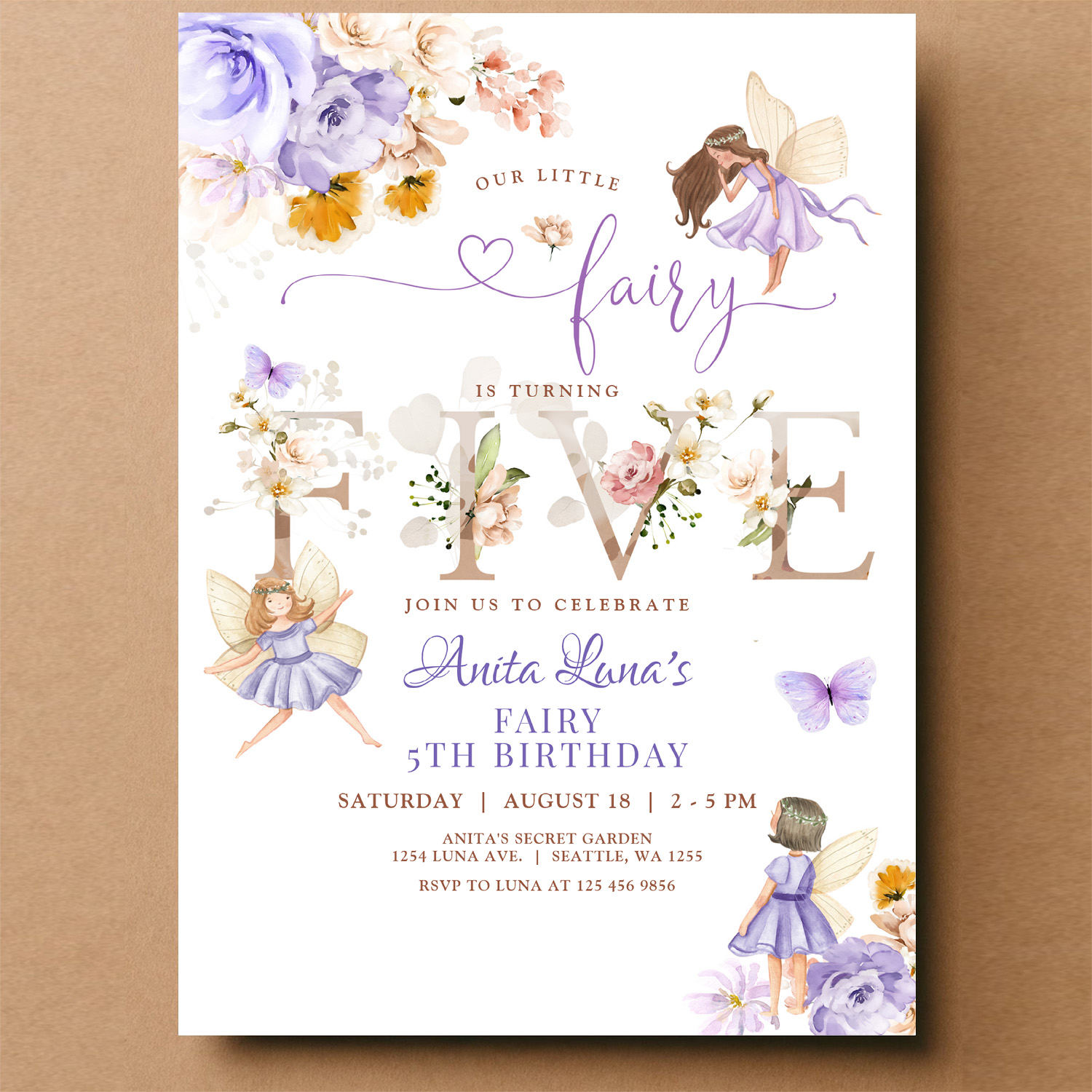 Purple Fairy Butterfly Magical Floral 5th Birthday Invitation - Image 14