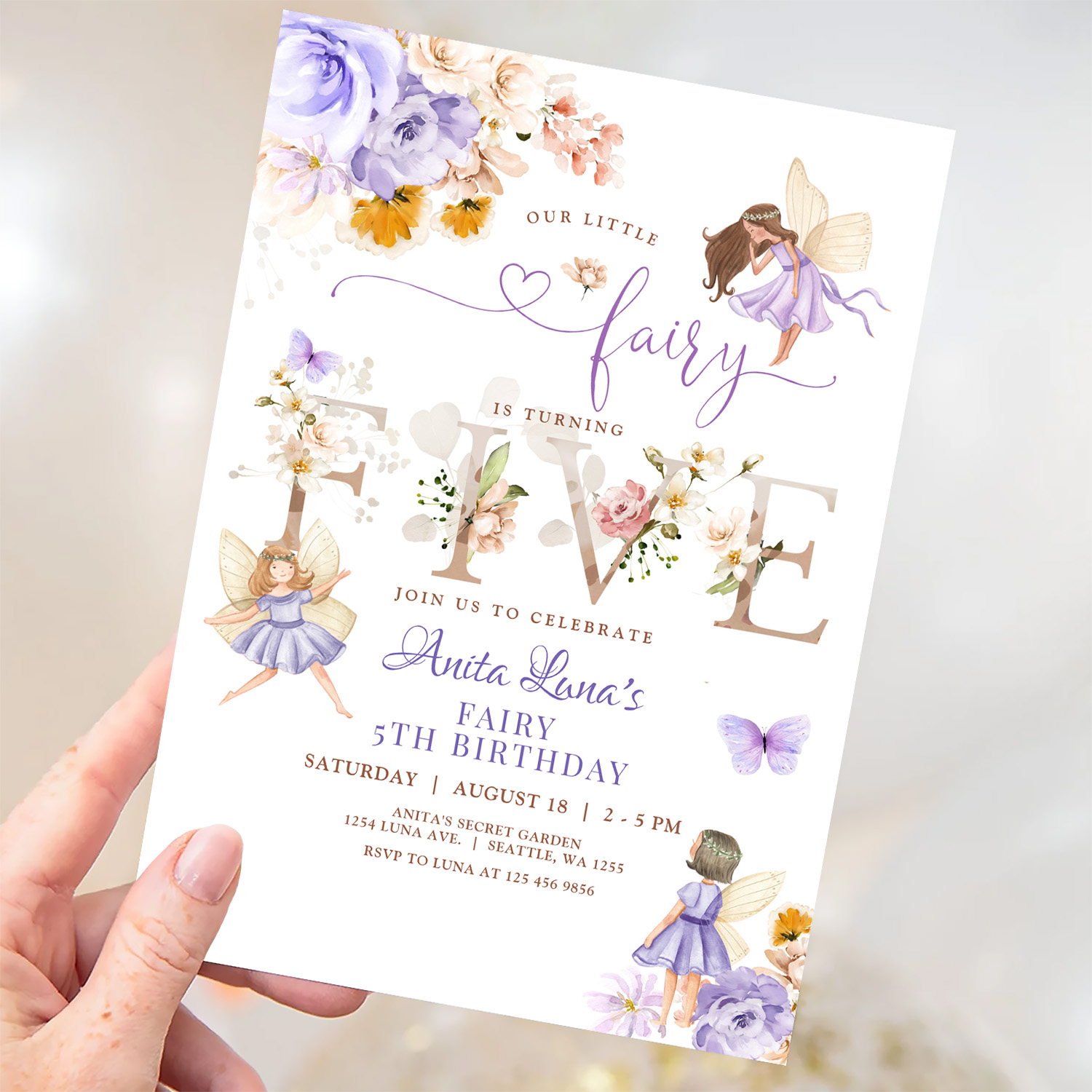 Purple Fairy Butterfly Magical Floral 5th Birthday Invitation - Image 3