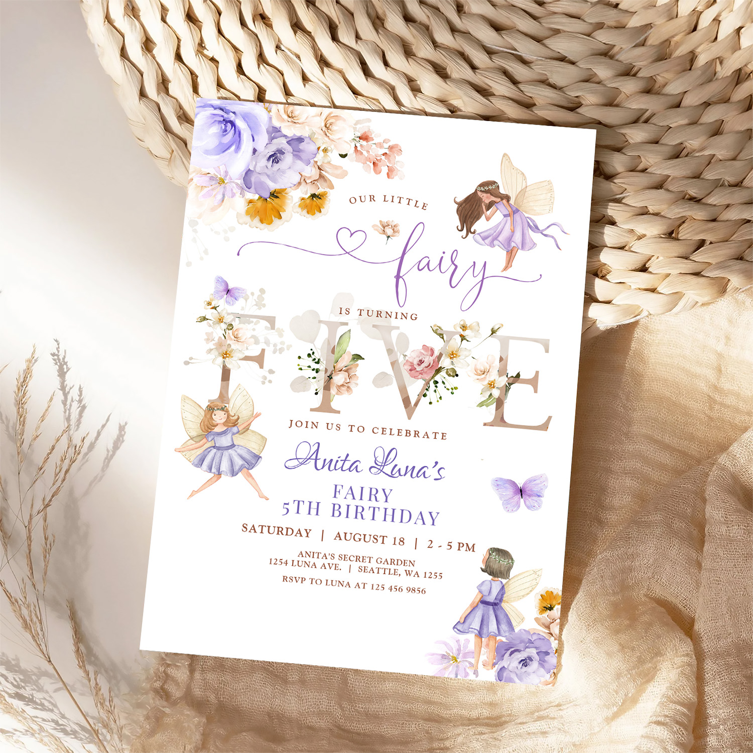 Purple Fairy Butterfly Magical Floral 5th Birthday Invitation - Image 4