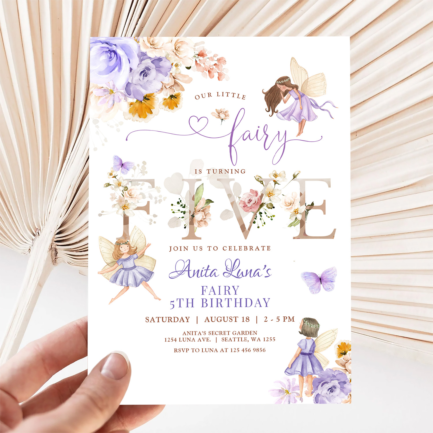 Purple Fairy Butterfly Magical Floral 5th Birthday Invitation - Image 5
