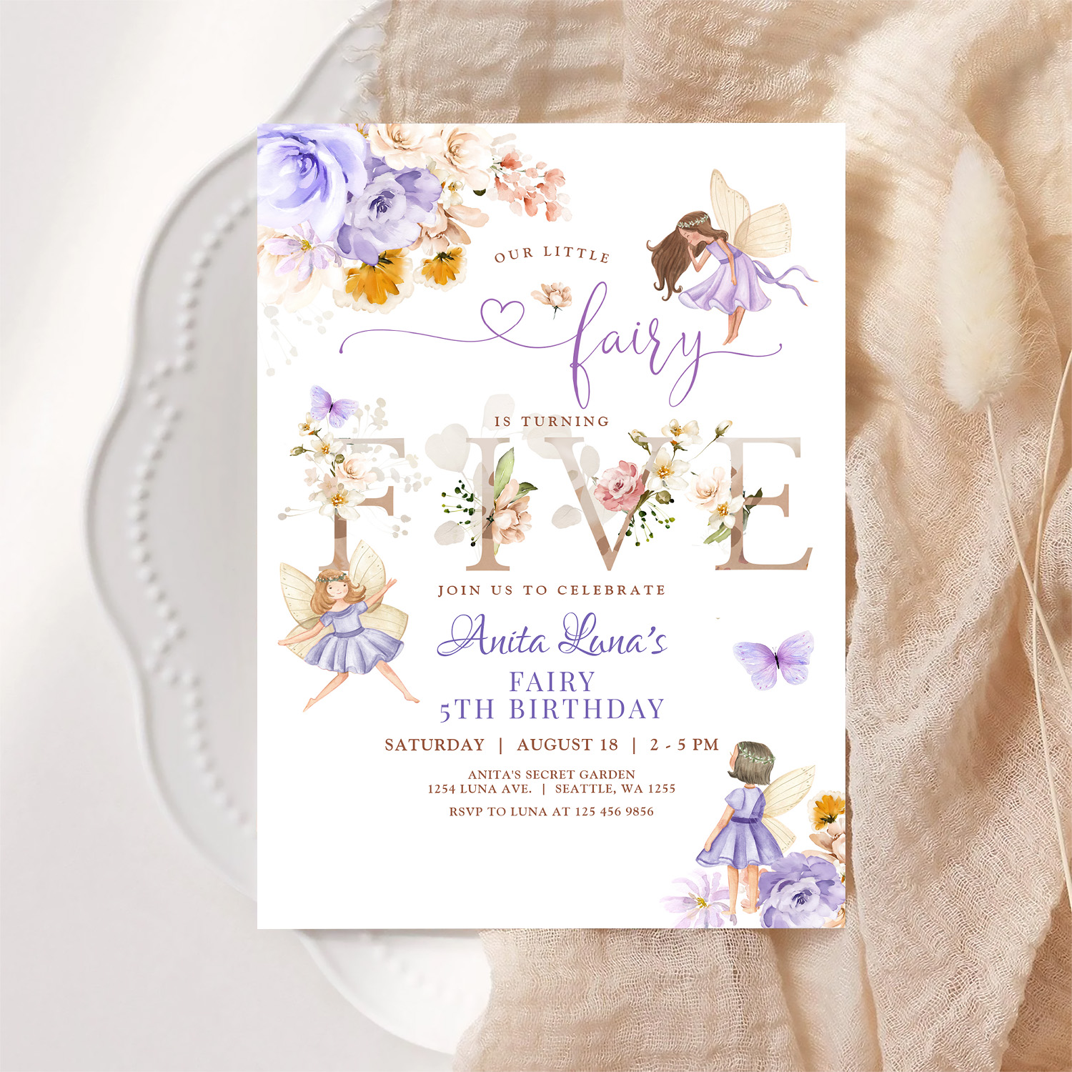 Purple Fairy Butterfly Magical Floral 5th Birthday Invitation - Image 6