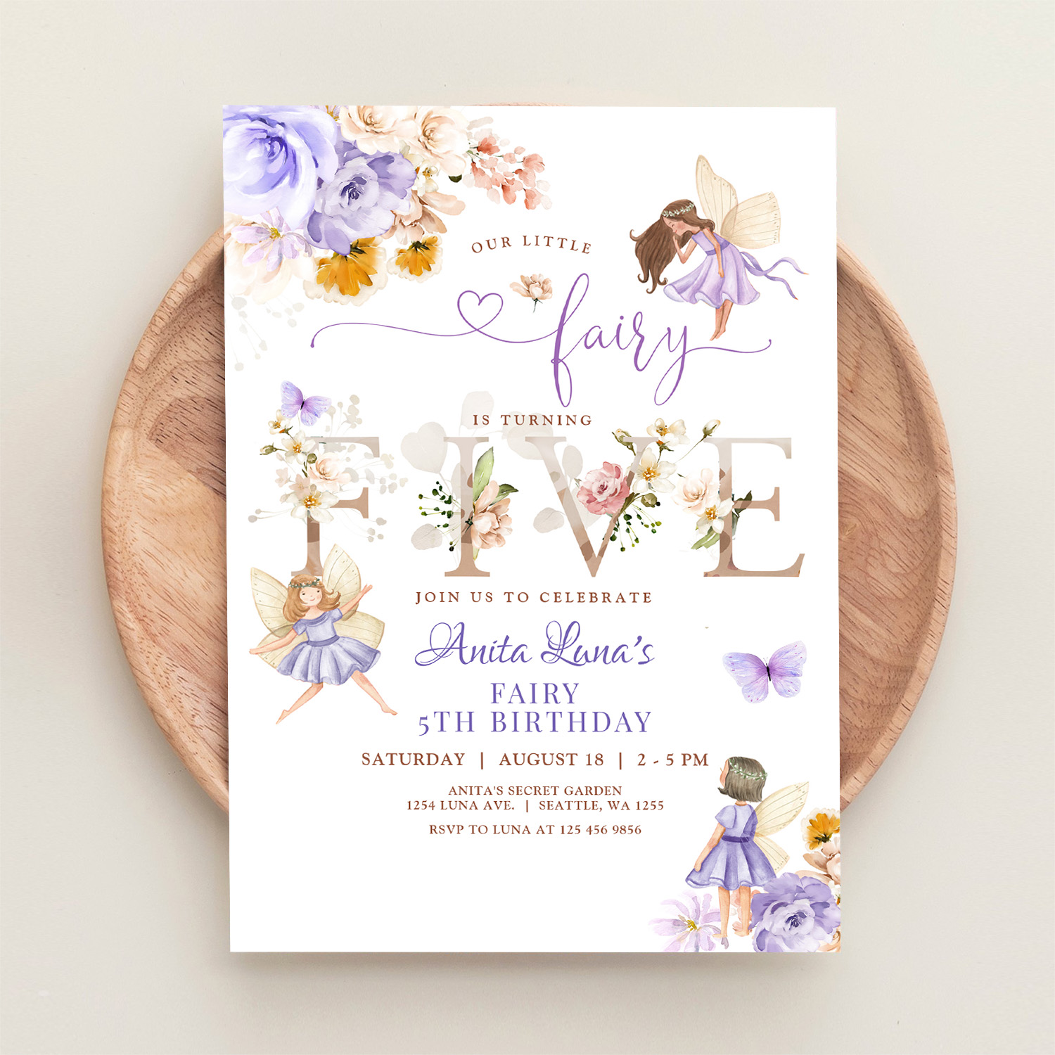Purple Fairy Butterfly Magical Floral 5th Birthday Invitation - Image 7