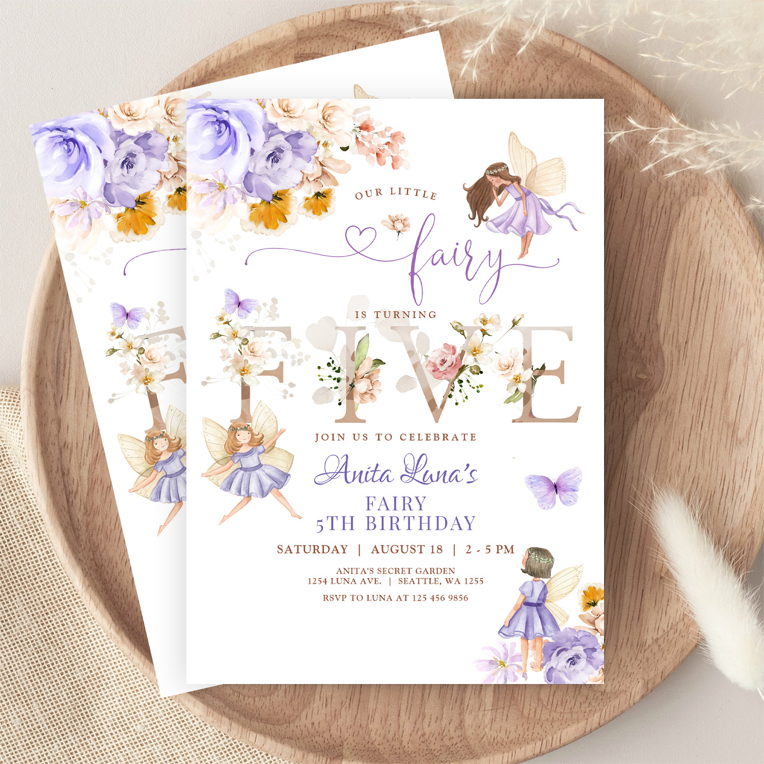 Purple Fairy Butterfly Magical Floral 5th Birthday Invitation - Image 9