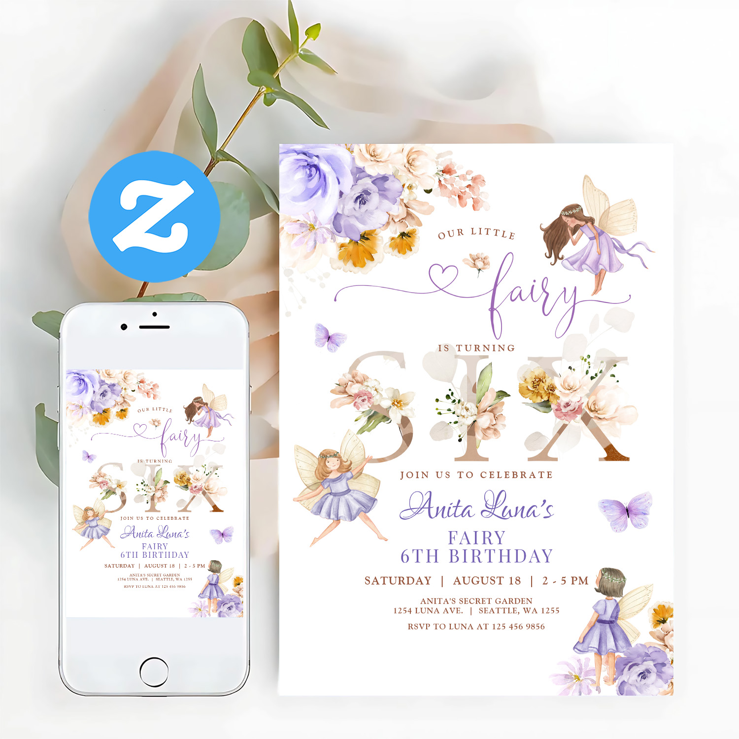 Purple Fairy Butterfly Magical Floral 6th Birthday Invitation