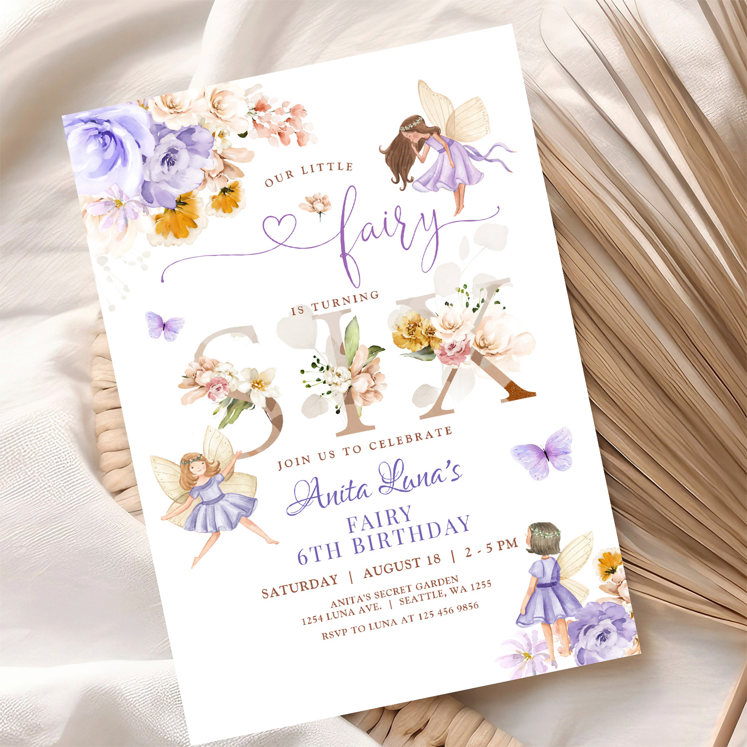 Purple Fairy Butterfly Magical Floral 6th Birthday Invitation - Image 10