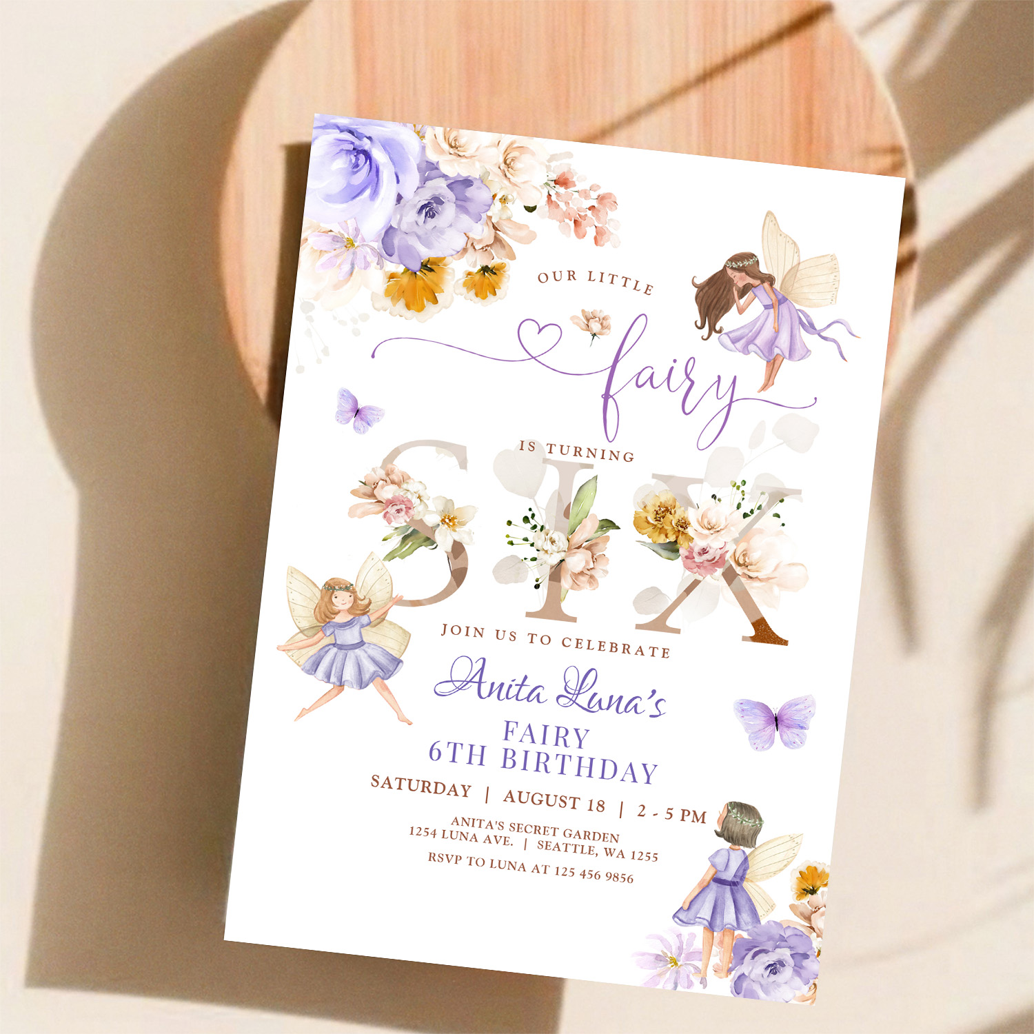 Purple Fairy Butterfly Magical Floral 6th Birthday Invitation - Image 11