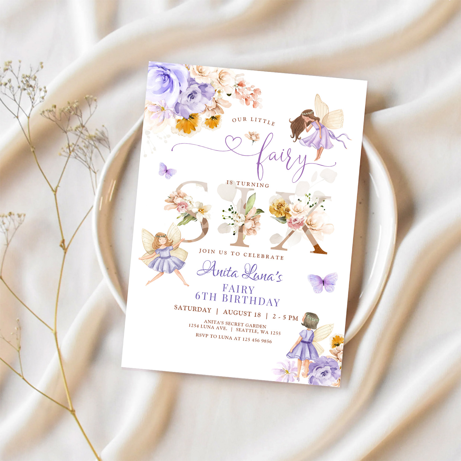 Purple Fairy Butterfly Magical Floral 6th Birthday Invitation - Image 2
