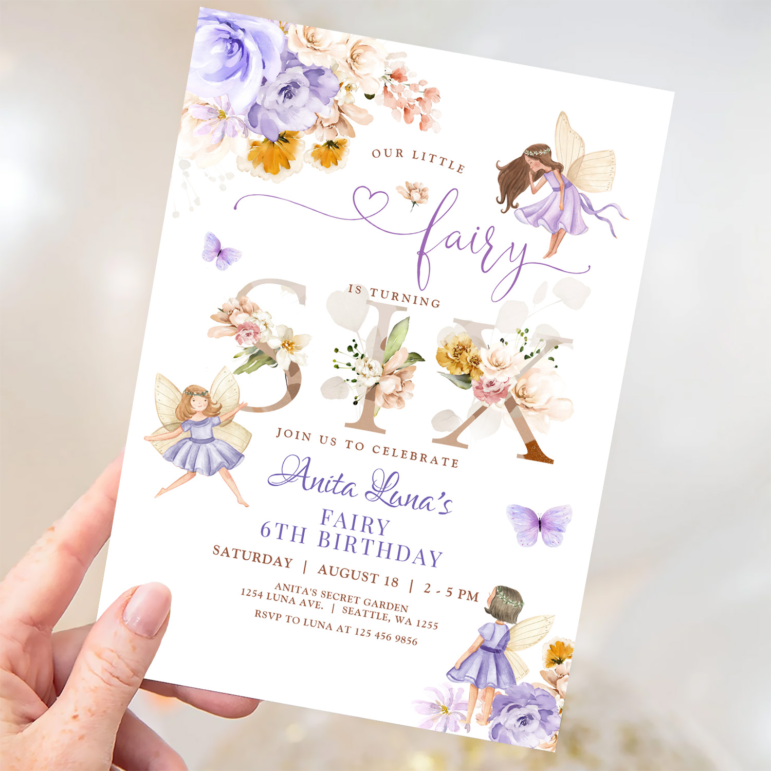 Purple Fairy Butterfly Magical Floral 6th Birthday Invitation - Image 3