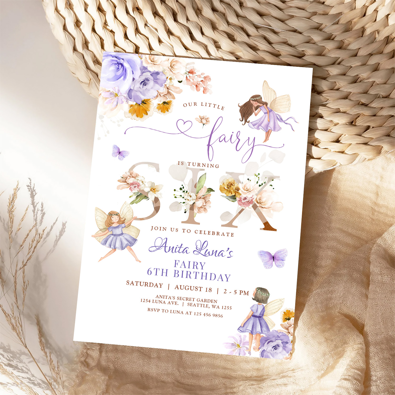 Purple Fairy Butterfly Magical Floral 6th Birthday Invitation - Image 4