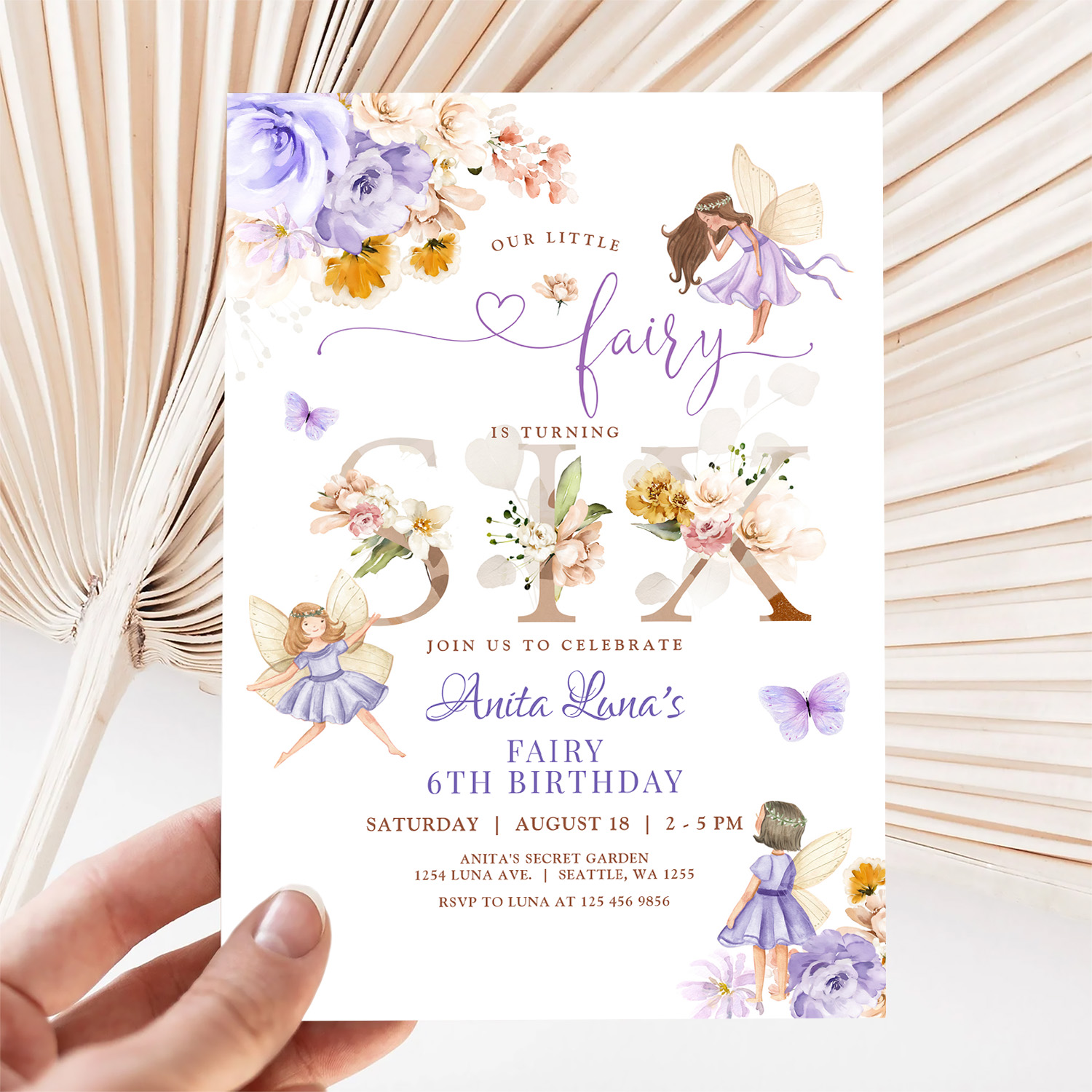 Purple Fairy Butterfly Magical Floral 6th Birthday Invitation - Image 5