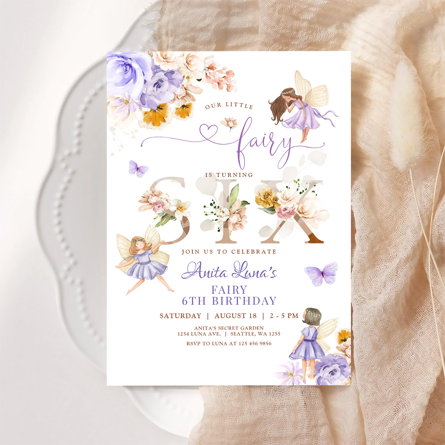 Purple Fairy Butterfly Magical Floral 6th Birthday Invitation - Image 6