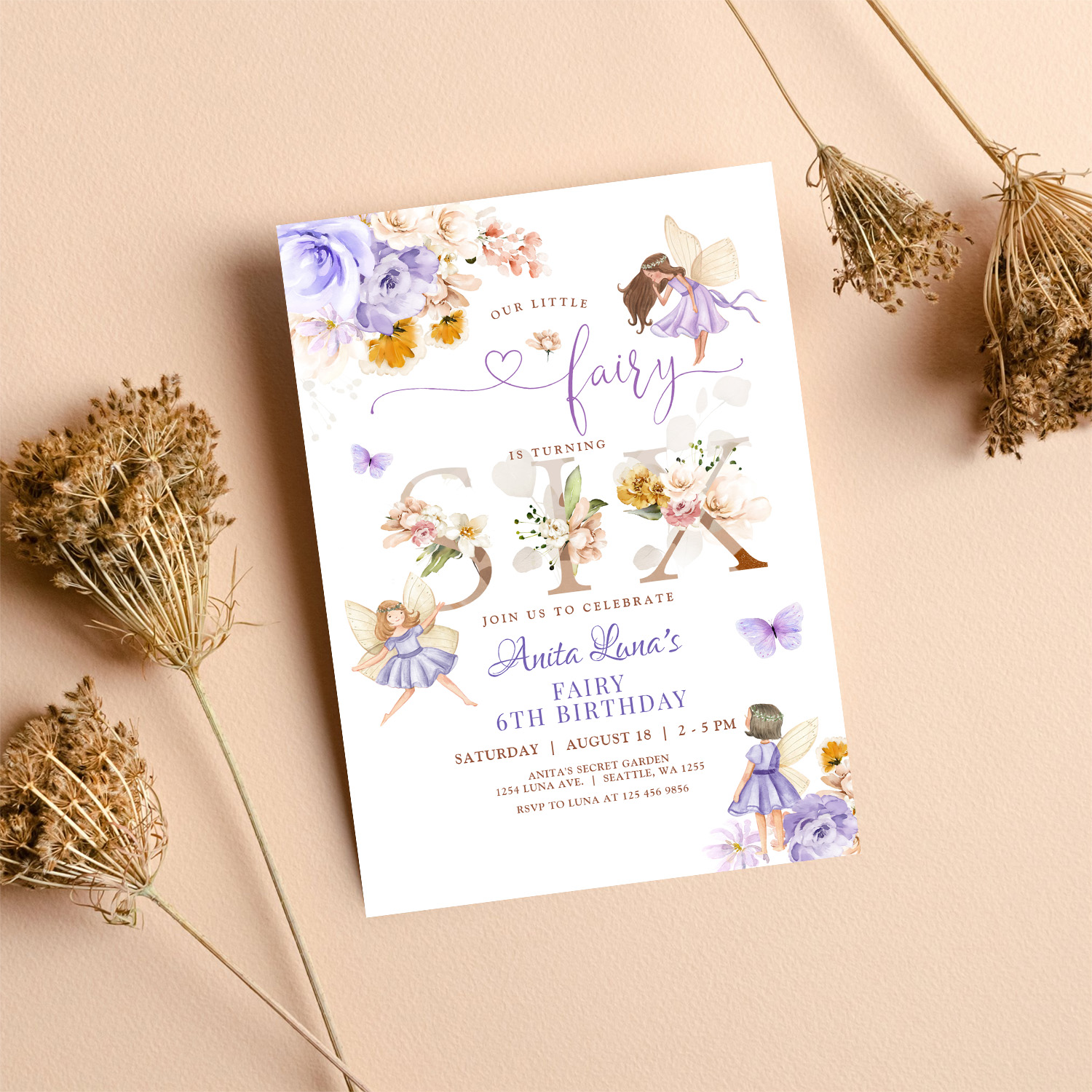 Purple Fairy Butterfly Magical Floral 6th Birthday Invitation - Image 8