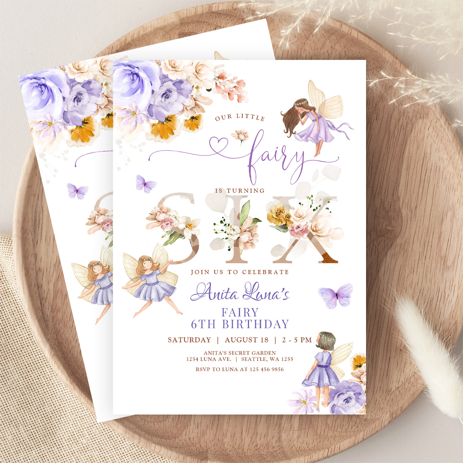 Purple Fairy Butterfly Magical Floral 6th Birthday Invitation - Image 9