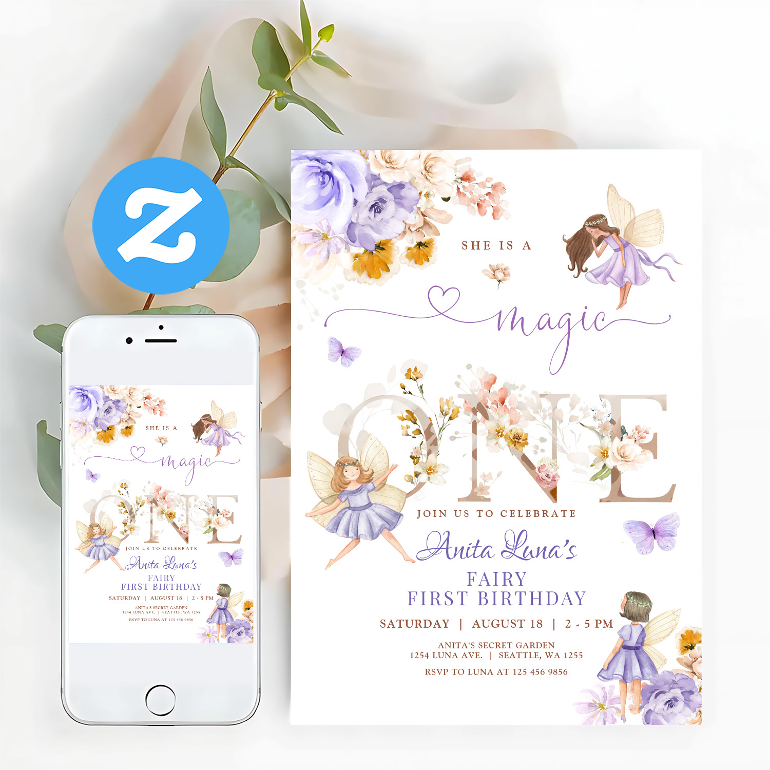 Purple Fairy Magic One Birthday Butterfly Magical Invitation