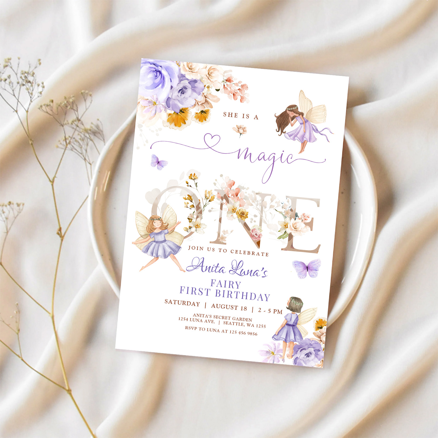 Purple Fairy Magic One Birthday Butterfly Magical Invitation - Image 2