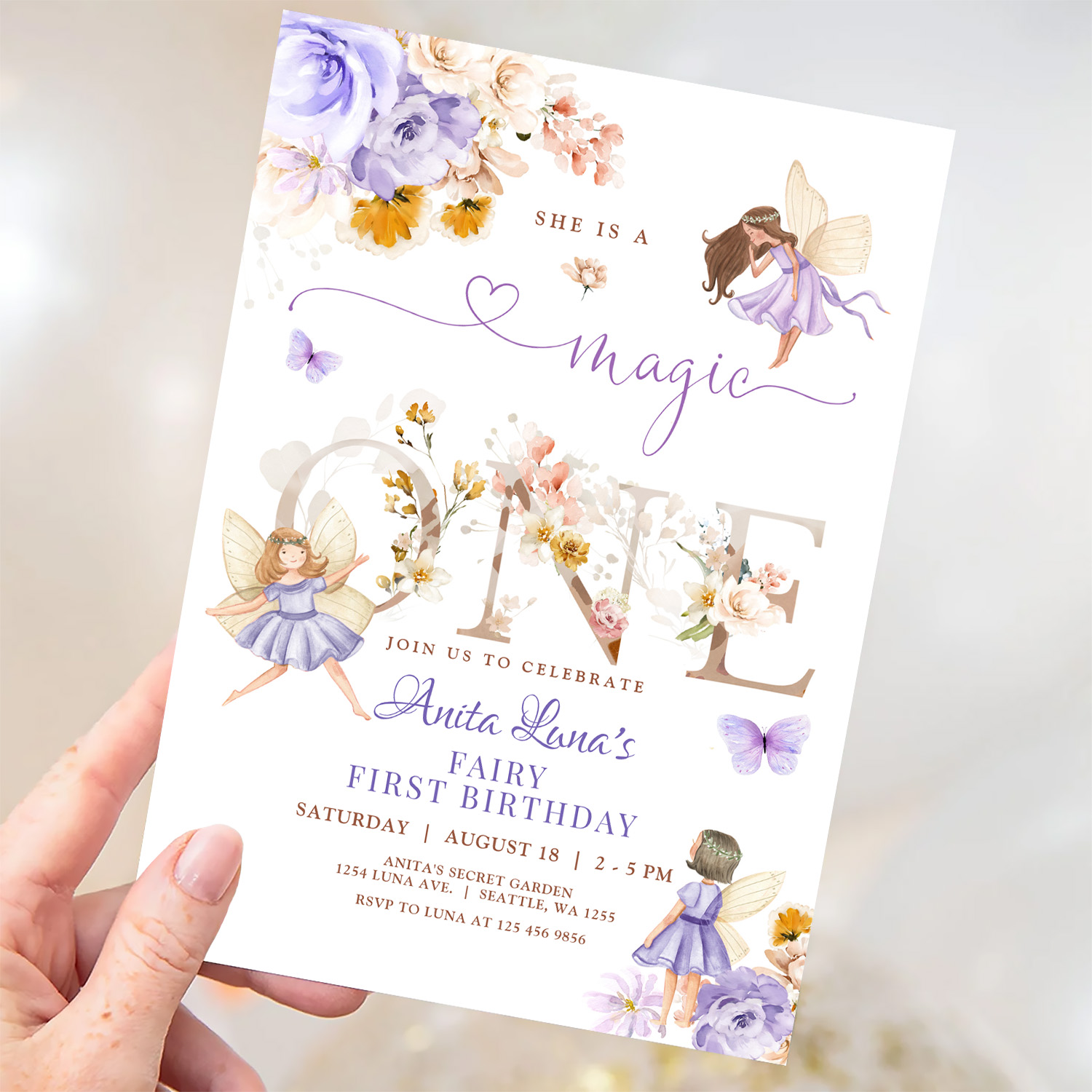 Purple Fairy Magic One Birthday Butterfly Magical Invitation - Image 3